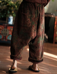 Women’s Retro Loose Fit Floral Corduroy Wide Leg Pants