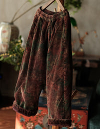 Women’s Retro Loose Fit Floral Corduroy Wide Leg Pants