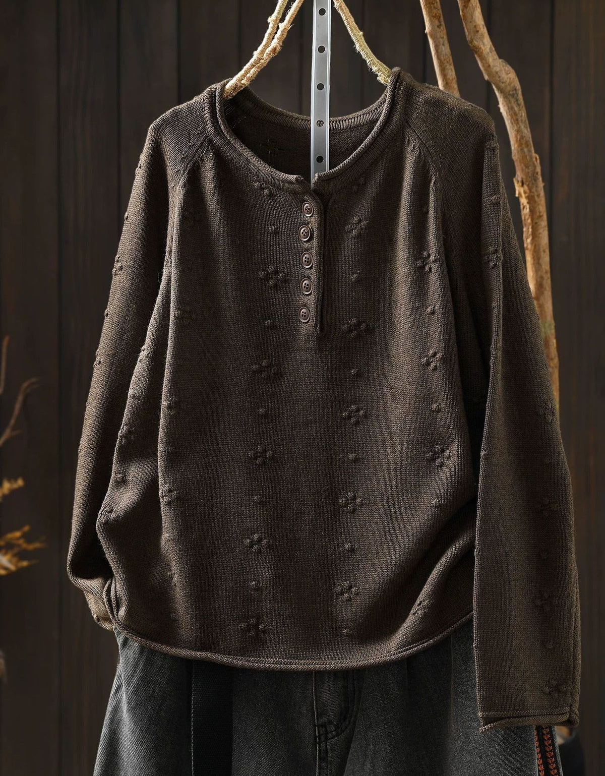 Women's Coffee Embroidered Floral Knit Button Cardigan