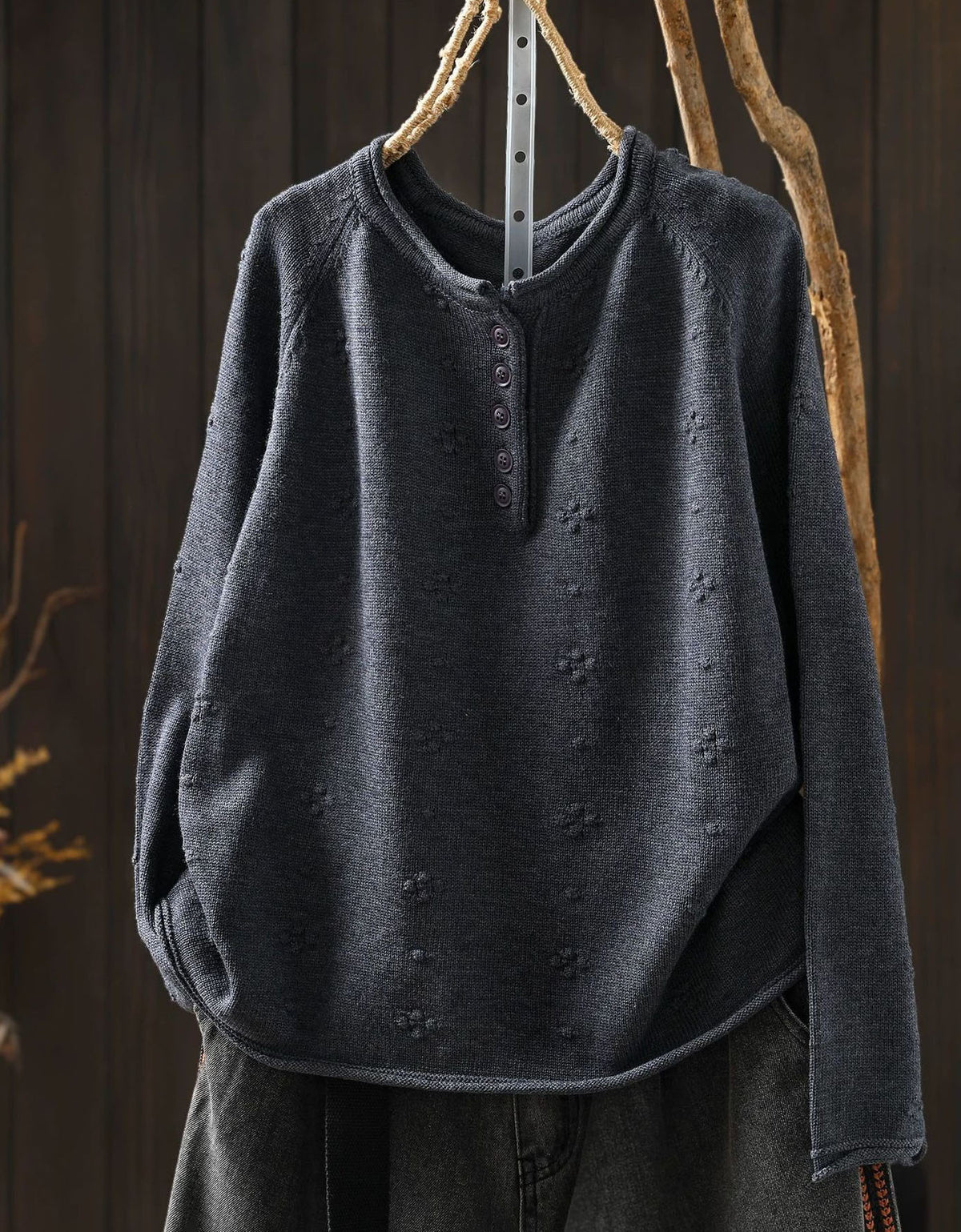 Gray Floral Cardigan Women Knit Button Front Sweater