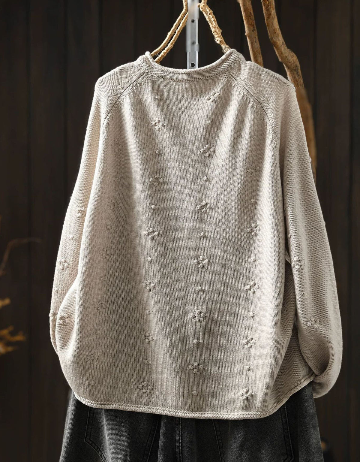 Women's Retro Loose Floral Embroidered Knit Sweater Top