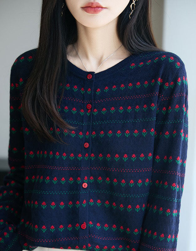 Women’s Retro Navy Floral Knit Sweater Cardigan