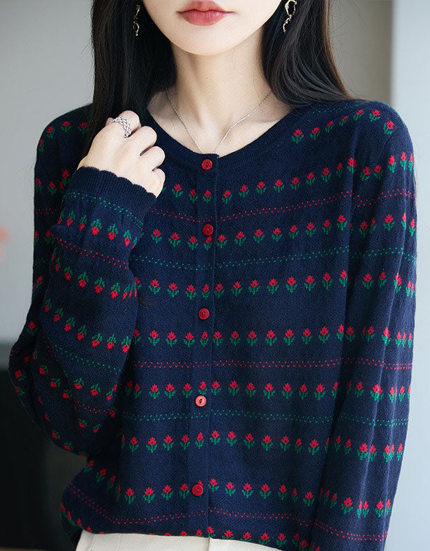 Women’s Retro Navy Floral Knit Sweater Cardigan