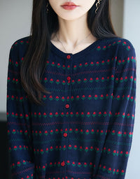 Women’s Retro Navy Floral Knit Sweater Cardigan