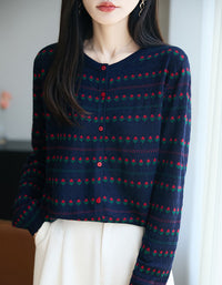 Women’s Retro Navy Floral Knit Sweater Cardigan
