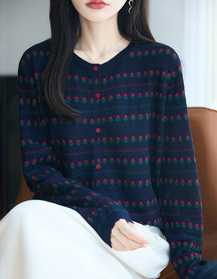 Women’s Retro Navy Floral Knit Sweater Cardigan