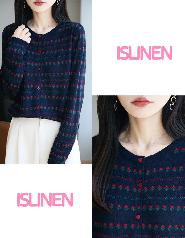 Women’s Retro Navy Floral Knit Sweater Cardigan