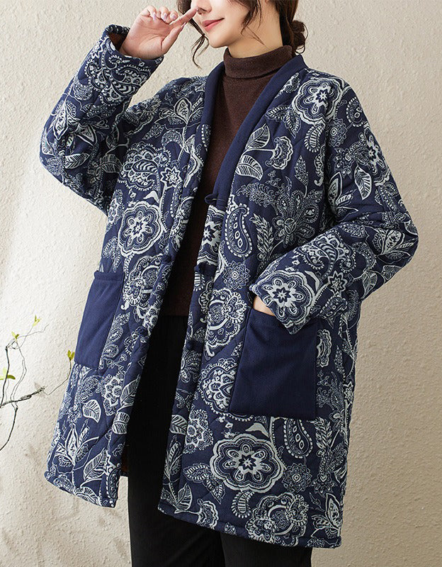 Women’s Retro Navy Floral Long Winter Coat