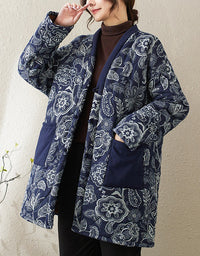 Women’s Retro Navy Floral Long Winter Coat