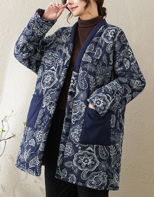 Women’s Retro Navy Floral Long Winter Coat