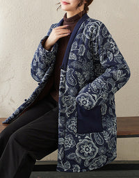 Women’s Retro Navy Floral Long Winter Coat