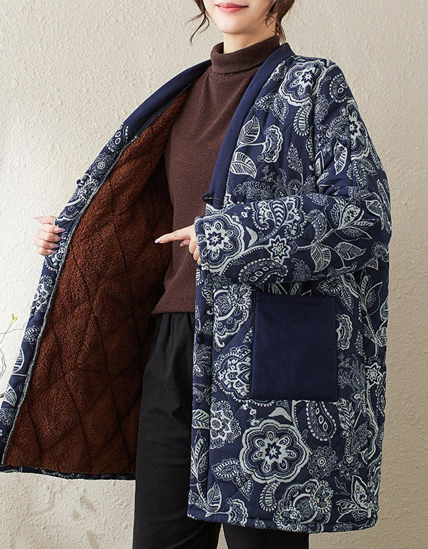 Women’s Retro Navy Floral Long Winter Coat