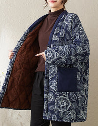 Women’s Retro Navy Floral Long Winter Coat