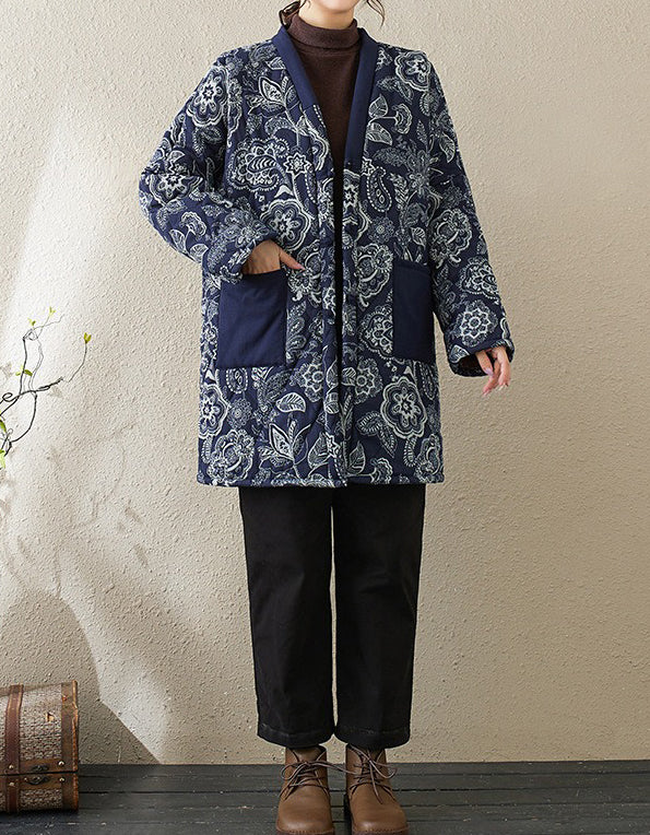 Women’s Retro Navy Floral Long Winter Coat