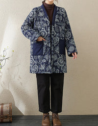 Women’s Retro Navy Floral Long Winter Coat
