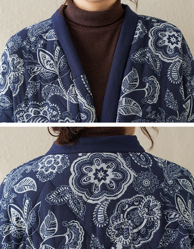 Women’s Retro Navy Floral Long Winter Coat