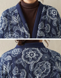 Women’s Retro Navy Floral Long Winter Coat