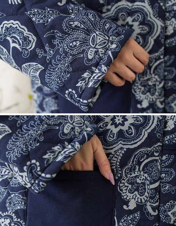 Women’s Retro Navy Floral Long Winter Coat