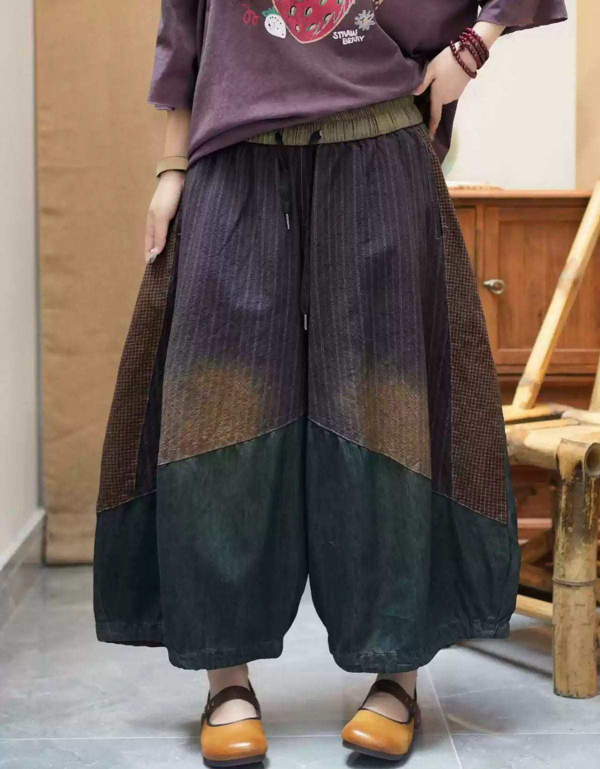 Women's vintage patchwork harem pants with elastic waist loose fit balloon trousers