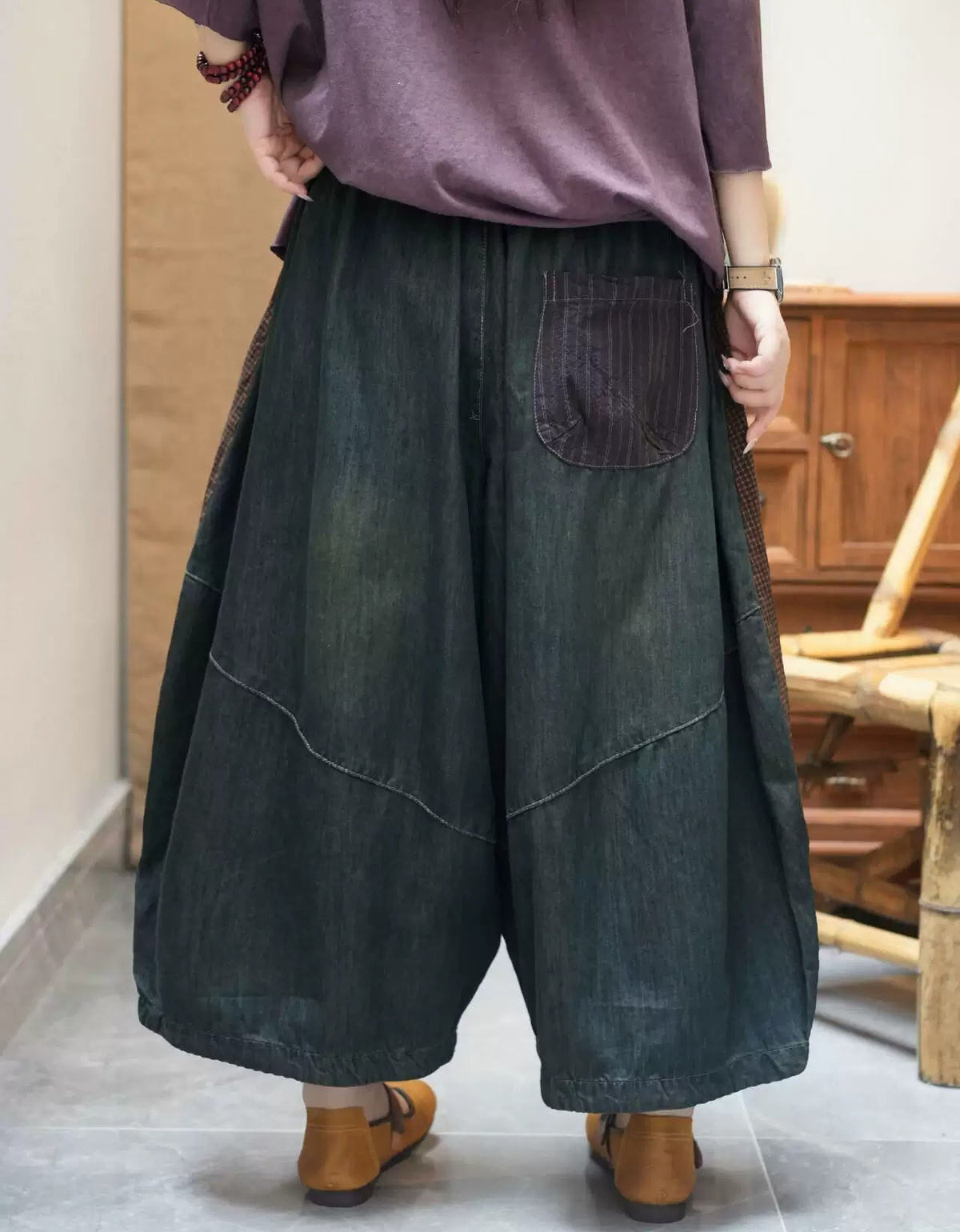 Women's Retro Patchwork Elastic Waist Balloon Harem Pants