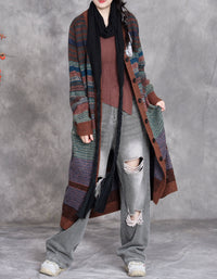 Women Winter Retro Patterned Long Knit Cardigan Sweater Coat