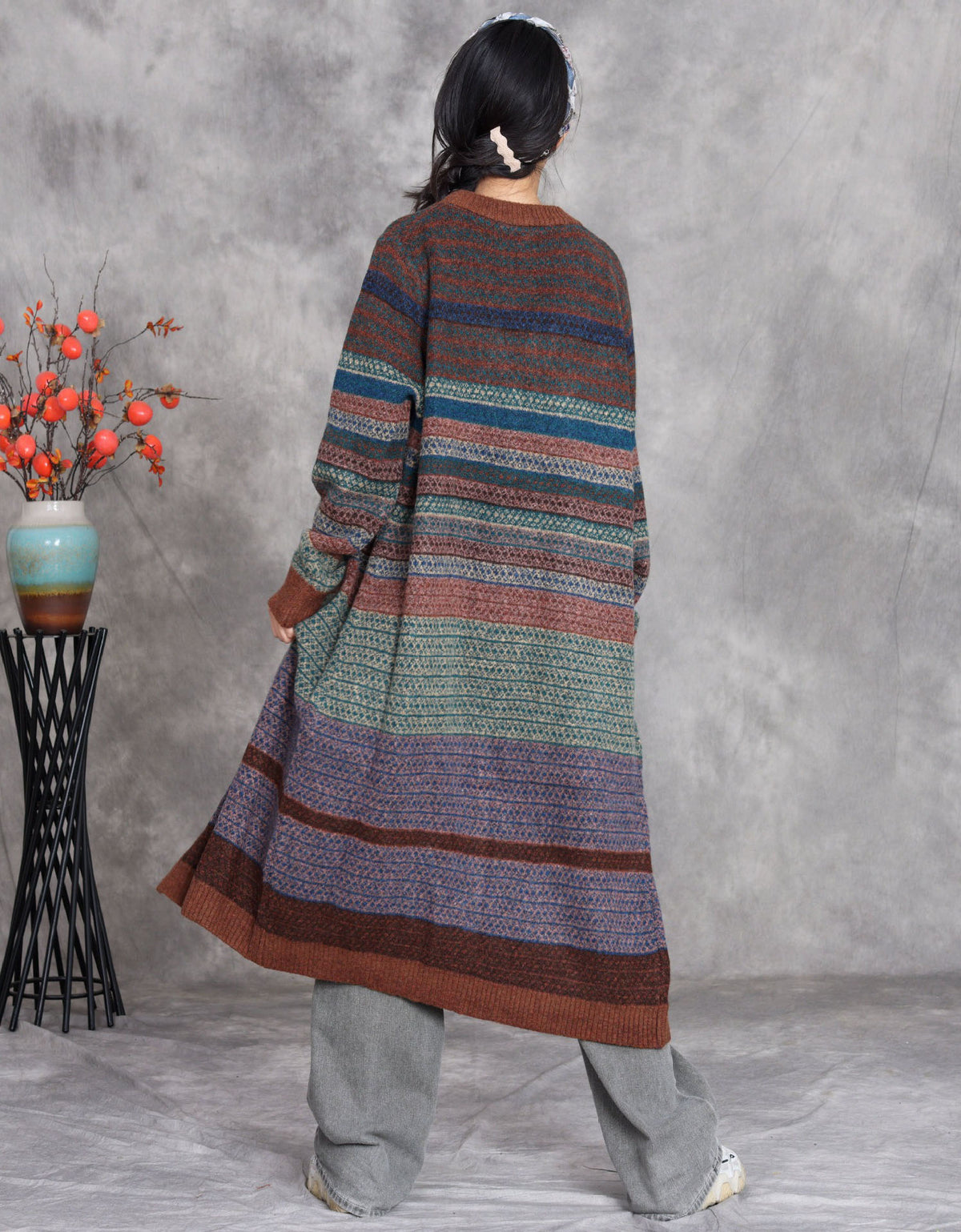 Women Winter Retro Patterned Long Knit Cardigan Sweater Coat