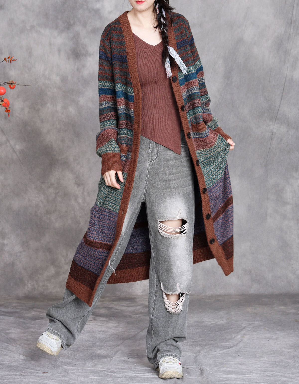 Women Winter Retro Patterned Long Knit Cardigan Sweater Coat