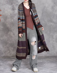 Women Winter Retro Patterned Long Knit Cardigan Sweater Coat