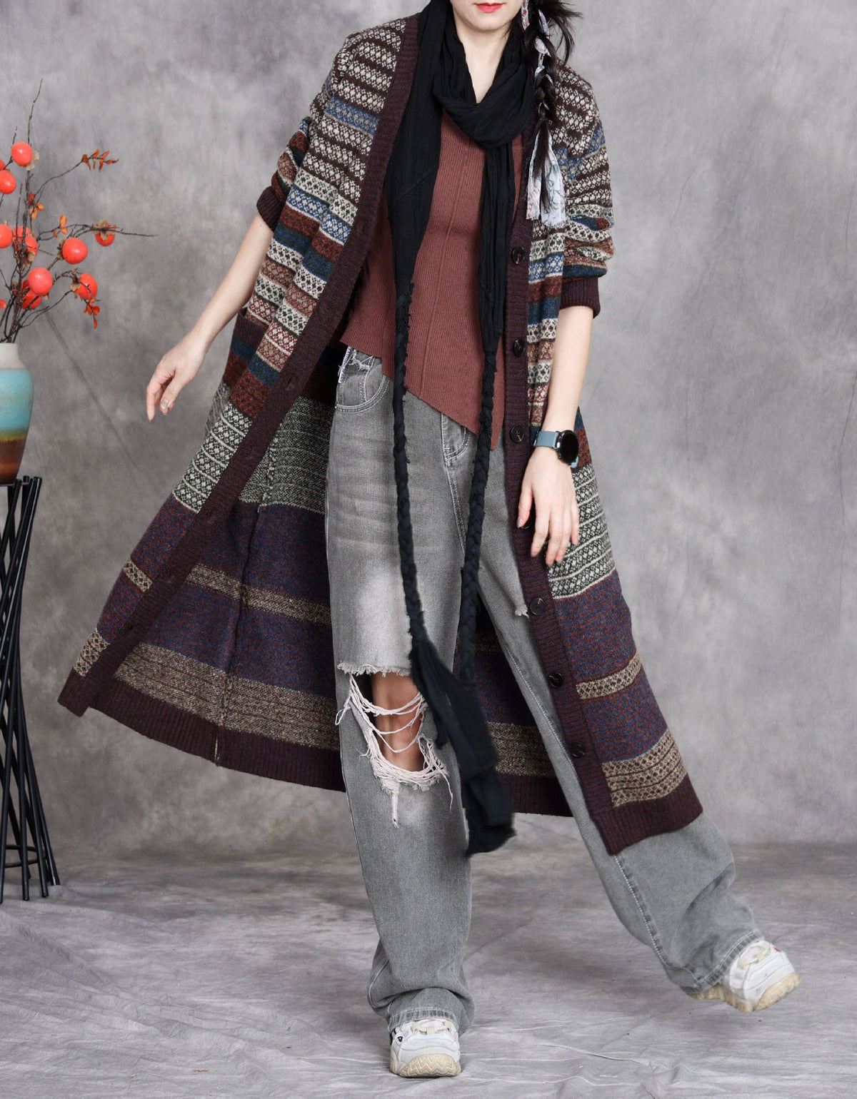 Women Winter Retro Patterned Long Knit Cardigan Sweater Coat