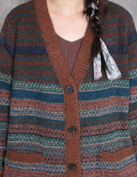 Women Winter Retro Patterned Long Knit Cardigan Sweater Coat