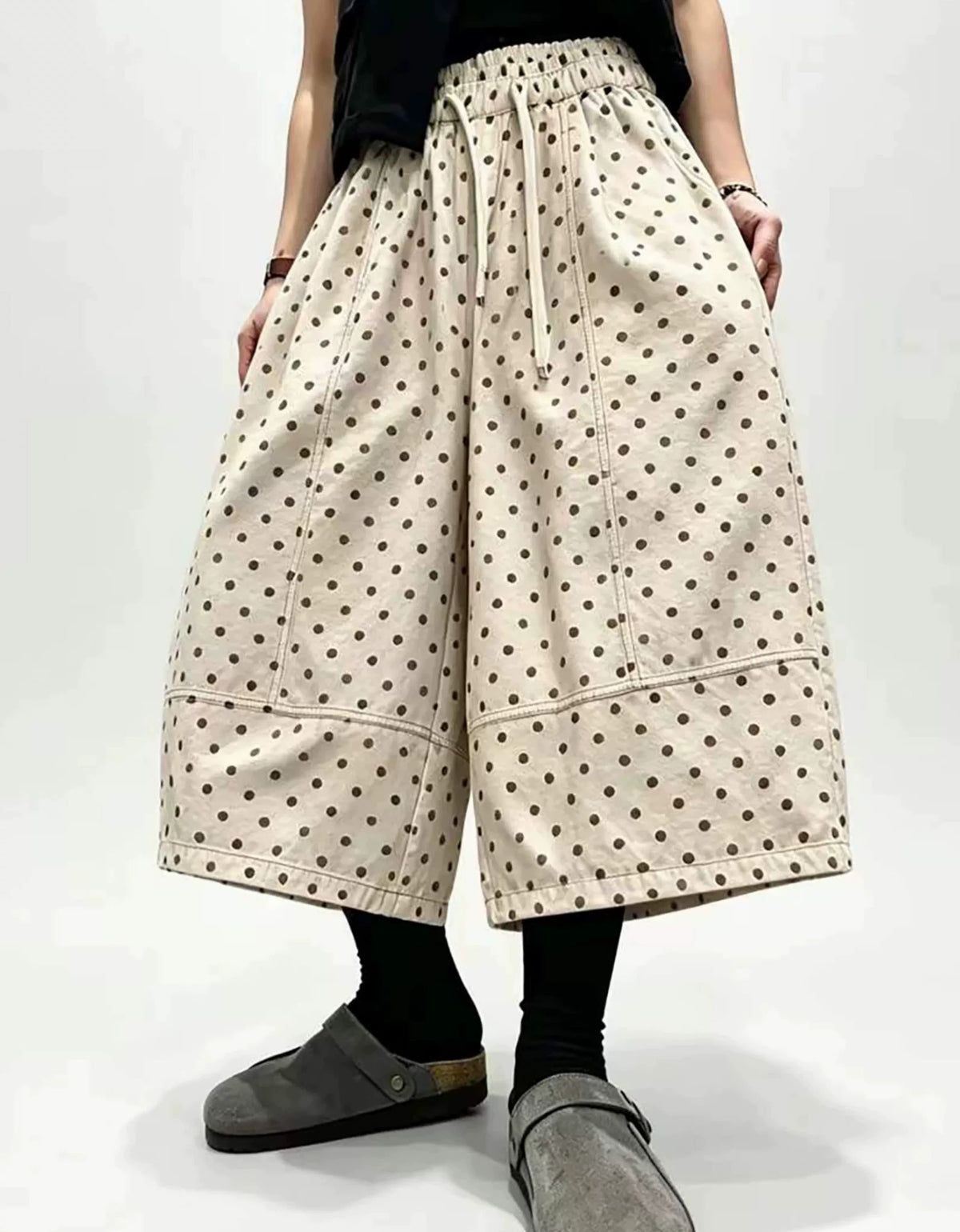 Women's vintage polka dot wide leg cotton culottes pants with elastic drawstring waist and pockets