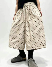 Women's vintage polka dot wide leg cotton culottes pants with elastic drawstring waist and pockets