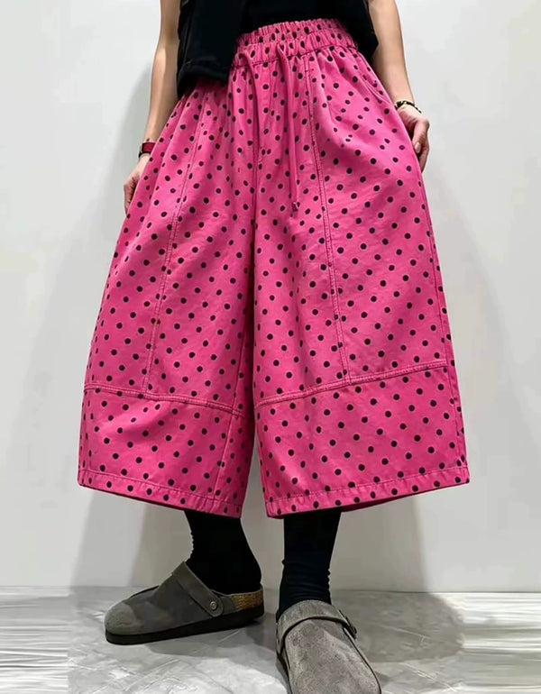 Women's Loose Polka Dot Cotton Wide Leg Cropped Pants