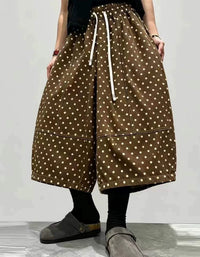 Casual Vintage Coffee Polka Dot Cotton Cropped Trousers