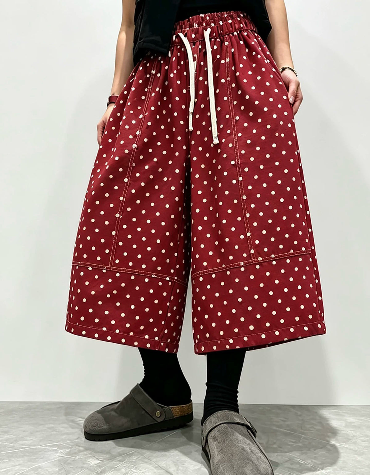 Vintage Red Polka Dot Wide Leg Cropped Pants for Women
