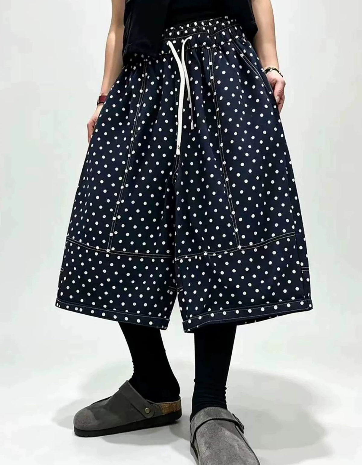 Boho Polka Dot Wide Leg Cotton Pants with Pockets