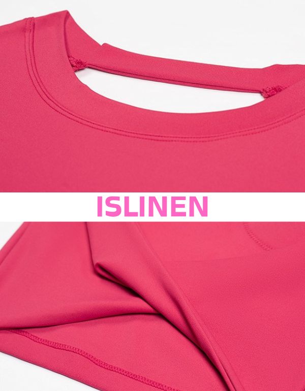 Close-up of a pink garment with 'ISLINEN' branding on a white background