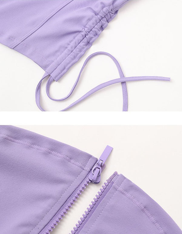 Purple yoga jacket set with a top and bottom on a white background close-up