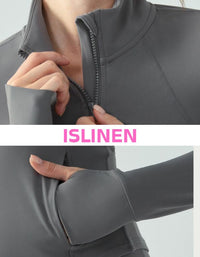 Gray jacket with a zipper being pulled, featuring the brand 'ISLINEN'.