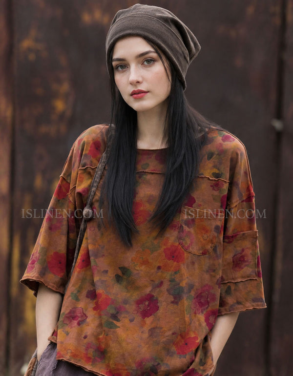 Women's Vintage Floral Shirt – Loose Fit Cotton Blouse with Artistic Print