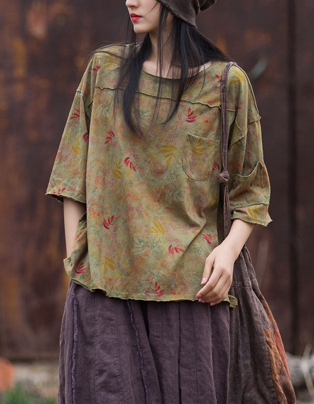 Women's Boho Floral Cotton Top – Vintage Loose Fit Artistic Blouse