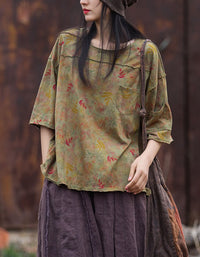 Women's Boho Floral Cotton Top – Vintage Loose Fit Artistic Blouse