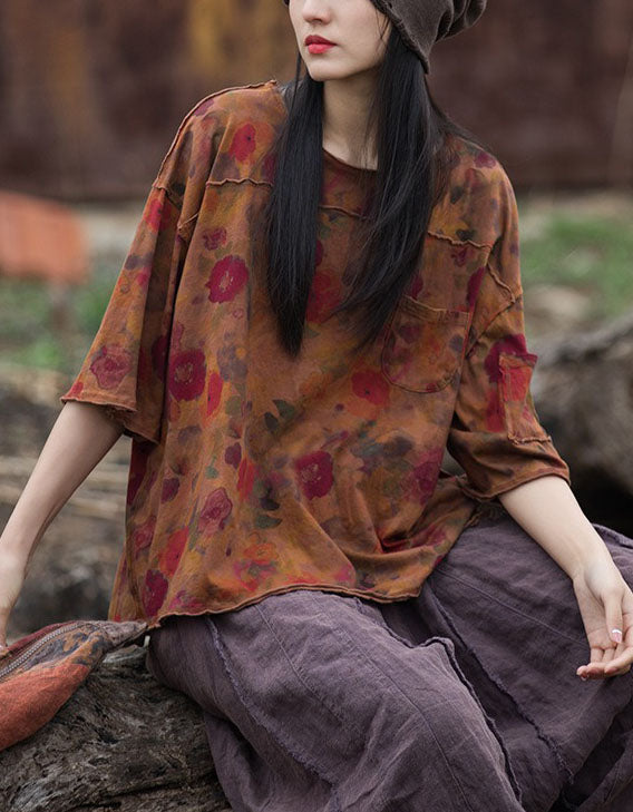 Women's Artistic Floral Print Shirt – Casual Oversized Vintage Top
