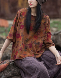 Women's Artistic Floral Print Shirt – Casual Oversized Vintage Top