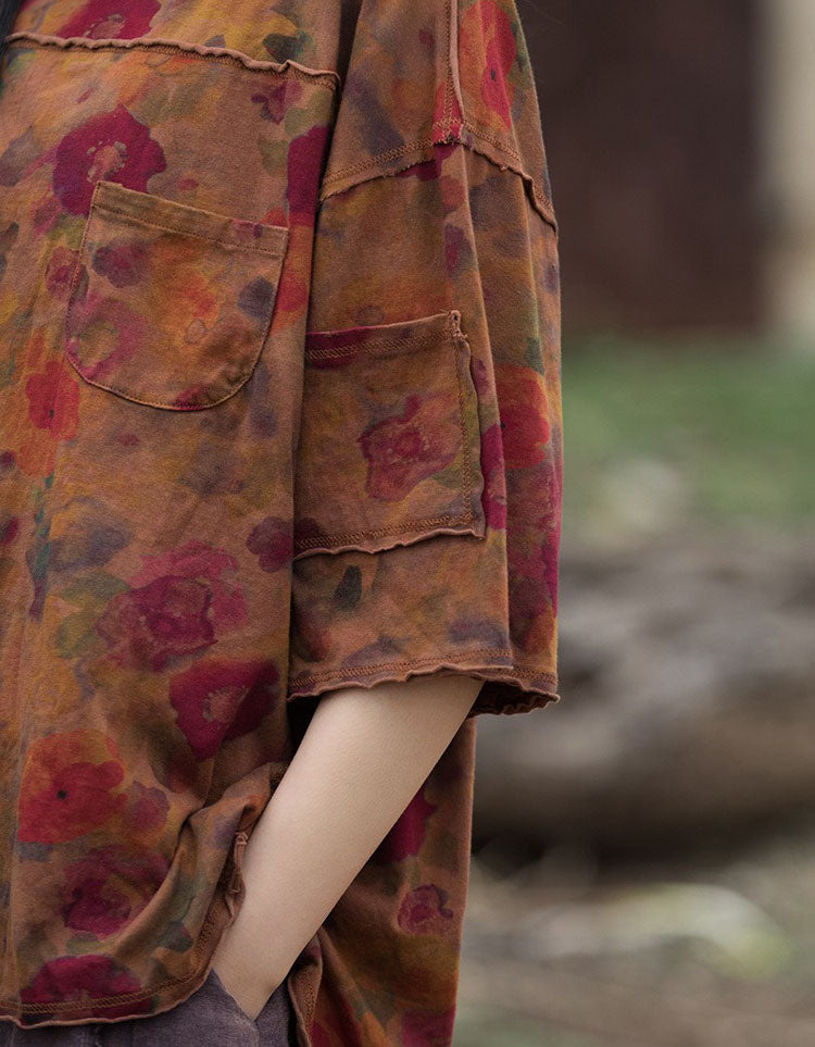 Women's Vintage Floral Top – Unique Artistic Print Loose Fit Shirt