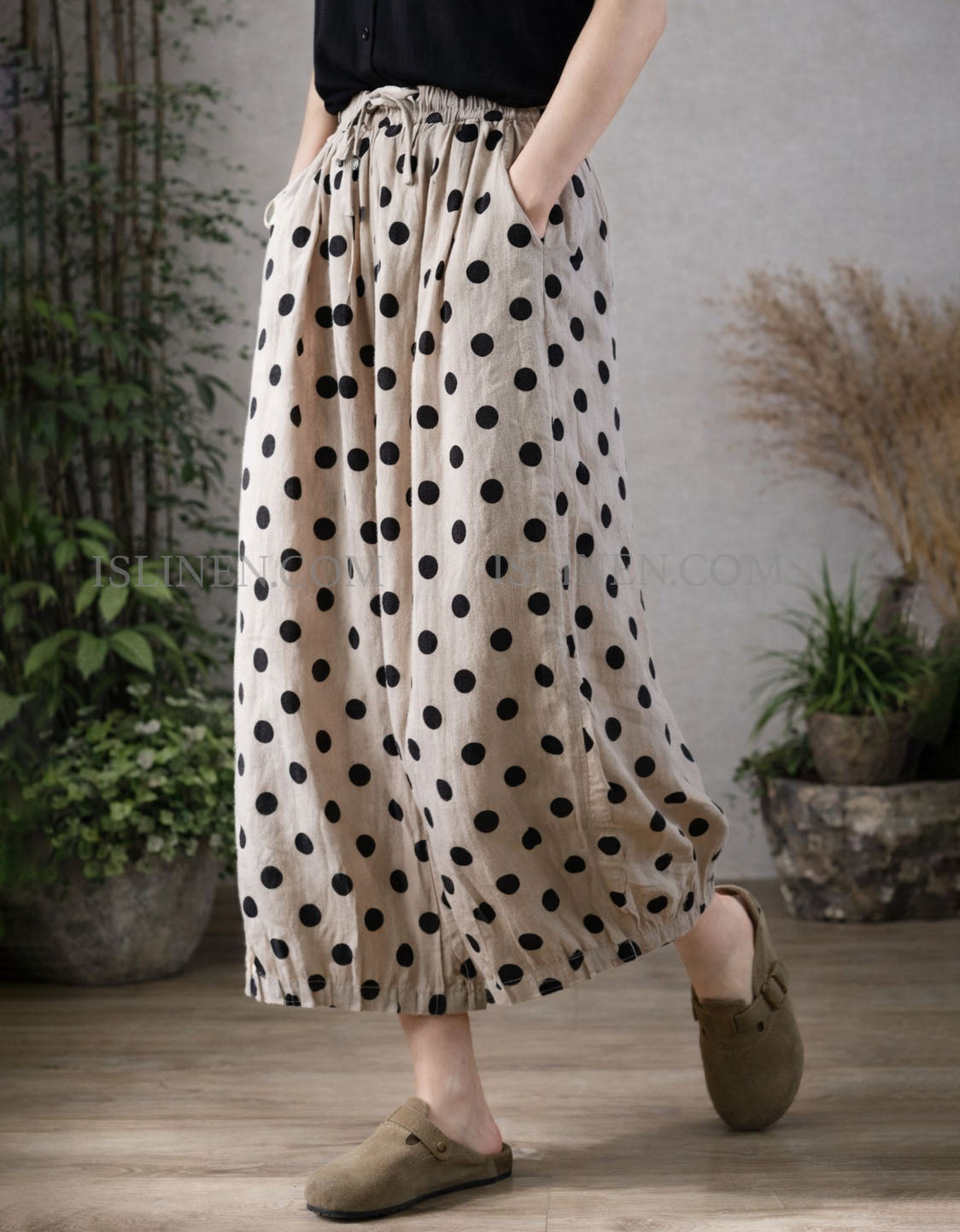 Loose fit polka dot casual pants for women side view