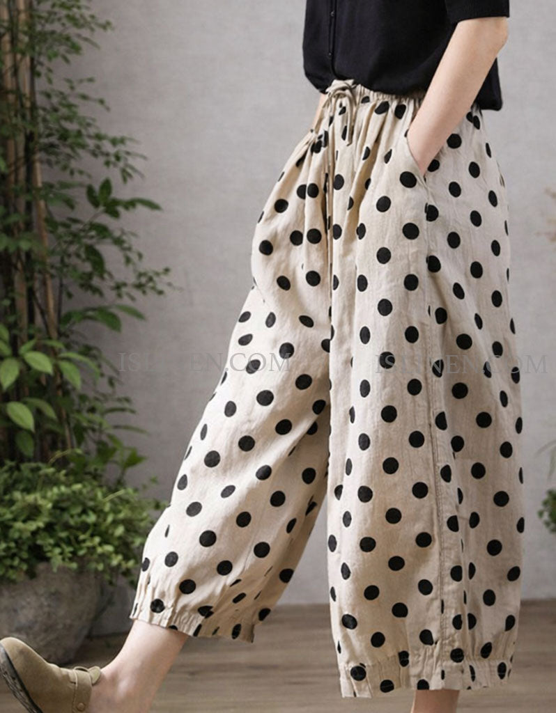 Boho style polka dot wide leg pants worn model