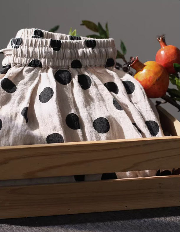 Close up fabric detail polka dot linen pants