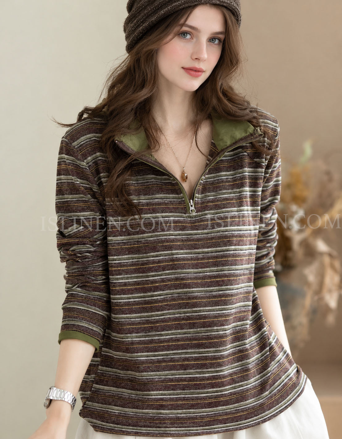 Women's brown and olive green striped half-zip long sleeve pullover top