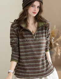 Women's brown and olive green striped half-zip long sleeve pullover top